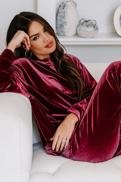 Fiery Red Solid Velvet Two Piece Lounge Set-Loungewear-MomFashion