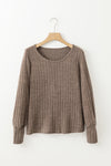 Camel Ribbed Bishop Sleeve Round Neck Top-Tops-MomFashion