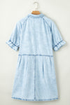 Beau Blue Mineral Wash Ruffled Short Sleeve Buttoned Denim Dress-Dresses-MomFashion