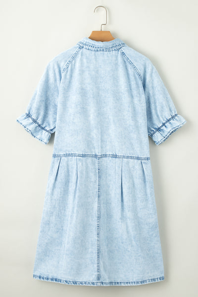 Beau Blue Mineral Wash Ruffled Short Sleeve Buttoned Denim Dress-Dresses-MomFashion