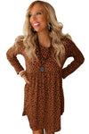 Brown Leopard Long Sleeve Babydoll Dress-Dresses-MomFashion