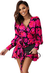 Rose Floral Print V Neck Wrap Bishop Sleeve Ruffle Tiered Mini Dress-Dresses-MomFashion