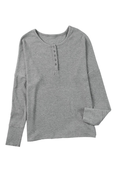 Gray Waffle Knit Henley Top-Tops-MomFashion