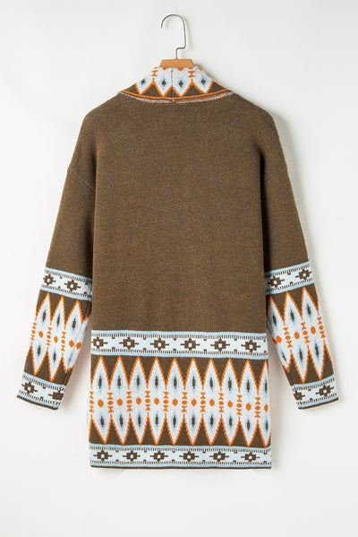 Brown Aztec Print Open Front Knitted Cardigan-Tops-MomFashion