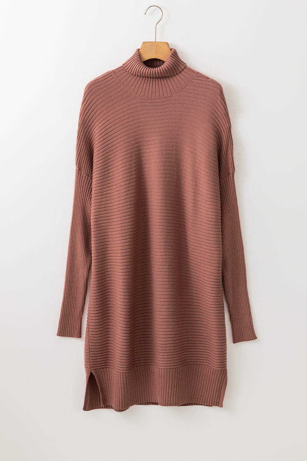 Mineral Red Turtleneck Ribbed Knit Tunic Sweater-Tops-MomFashion