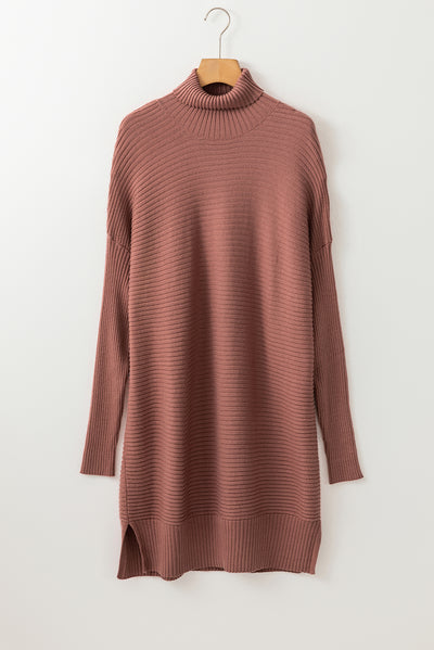 Mineral Red Turtleneck Ribbed Knit Tunic Sweater-Tops-MomFashion