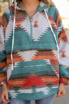 Multicolor Aztec Print Zipped Split Neck Hoodie-Tops-MomFashion