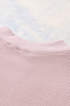 Pink Crew Neck Ribbed Trim Waffle Knit Top-Tops-MomFashion