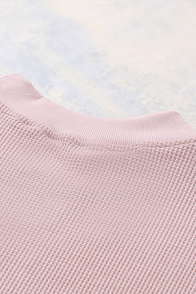 Pink Crew Neck Ribbed Trim Waffle Knit Top-Tops-MomFashion