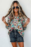 Multicolor Abstract Print 3/4 Puff Sleeve Ruffle Blouse-Tops-MomFashion