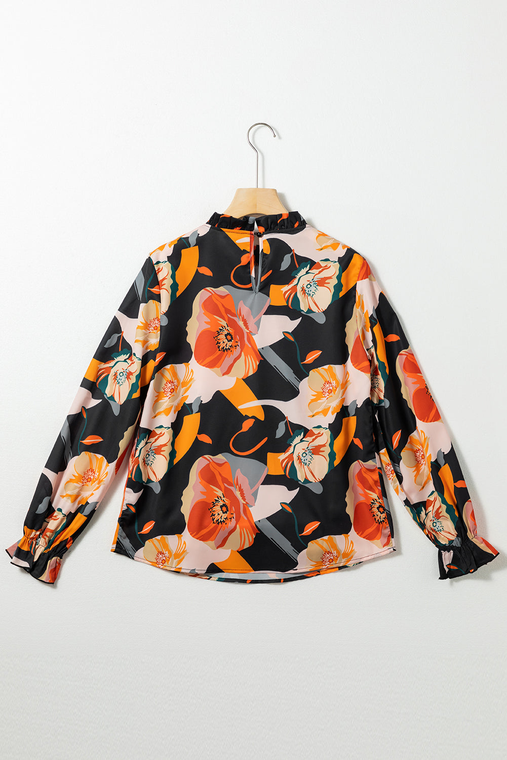 Black Floral Print Mock Neck Blouse-Tops-MomFashion