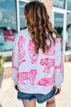 Bright White Pink Animal Print Pullover Sweatshirt-Tops-MomFashion