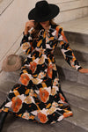 Orange Floral Print Tie Neck Long Sleeve Dress-Dresses-MomFashion