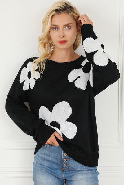 Black Big Flower Pattern Knit Sweater-Tops-MomFashion