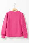 Rose Red Cable Textured Puff Sleeve Sweatshirt-Tops-MomFashion