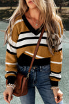 Brown Stripe Contrast Stripes V Neck Textured Knit Sweater-Tops-MomFashion