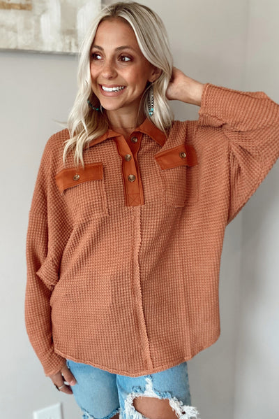 Brown Waffle Knit Button Contrast Trim Long Sleeve Top-Tops-MomFashion