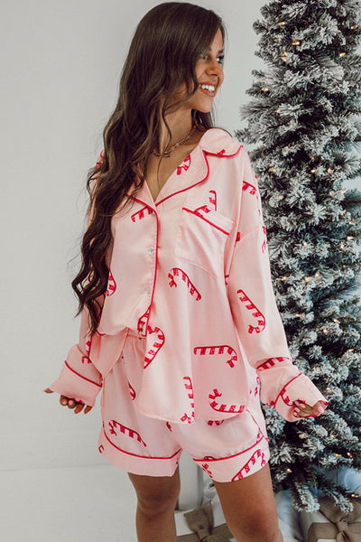 Pink Christmas Candy Cane Print Shirt and Shorts Pajama Set-Loungewear & Sleepwear/Sleepwear-MomFashion