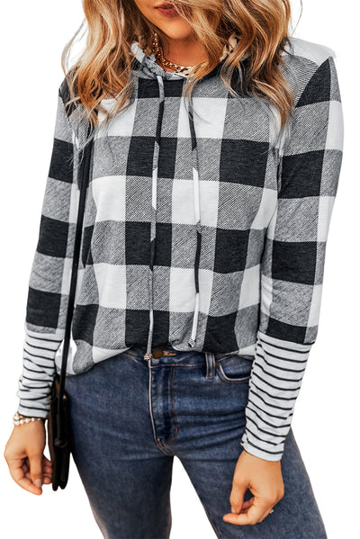 Multicolour Plaid Striped Patchwork Drawstring Hoodie-Tops-MomFashion