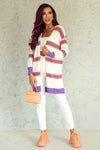 Beige Striped Long Sleeve Ribbed Trim Button Cardigan-Tops-MomFashion