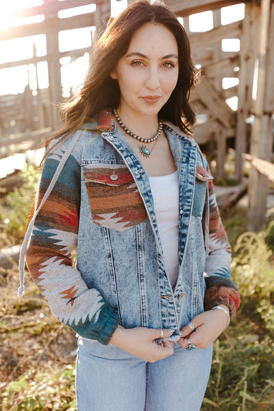 Multicolor Aztec Print Frayed Hem Denim Jacket-Outerwear-MomFashion