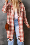 Fiery Red Plaid Print Button Long Shacket-Outerwear-MomFashion