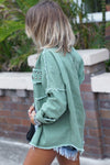 Mist Green Frayed Trim Riveted Denim Jacket-Outerwear-MomFashion