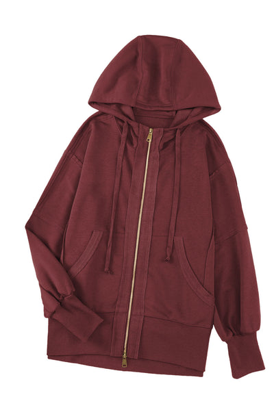 Brown Raw Edge Exposed Seam Full Zip Hoodie-Tops-MomFashion