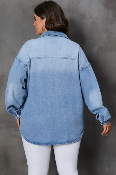 Sky Blue Plus Size Chest Pocket Button-Up Denim Shacket-Plus Size-MomFashion