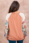 Grapefruit Orange Floral Patchwork Puff Sleeve Textured Blouse-Tops-MomFashion