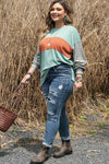 Green Plus Size Striped Long Sleeve Colorblock Tee with Slits-Plus Size-MomFashion