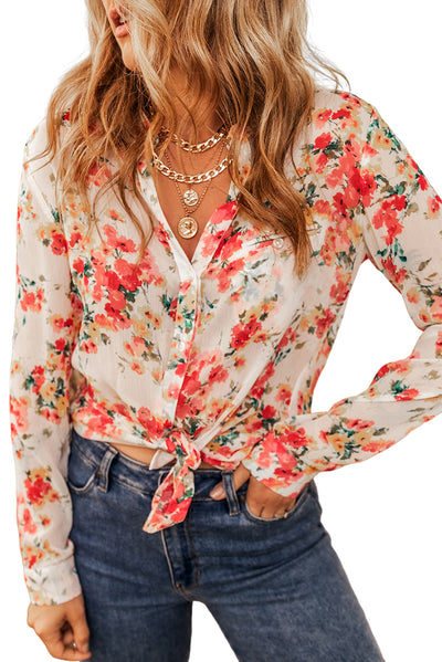 Vibrant Floral Print Chest Pocket Shirt-Tops-MomFashion