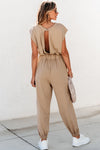 Light French Beige Cap Sleeve Open Back Drawstring Jogger Jumpsuit-Bottoms-MomFashion