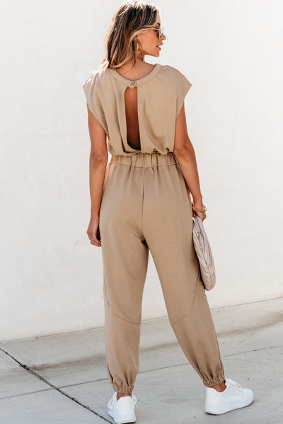 Light French Beige Cap Sleeve Open Back Drawstring Jogger Jumpsuit-Bottoms-MomFashion