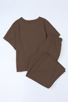 Brown Textured Loose Fit T Shirt and Drawstring Pants Set-Loungewear-MomFashion