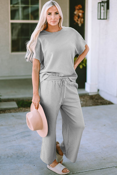 Gray Textured Loose Fit T Shirt and Drawstring Pants Set-Loungewear-MomFashion