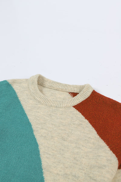 Multicolor Colorblock Ribbed Trim Round Neck Sweater-Tops-MomFashion