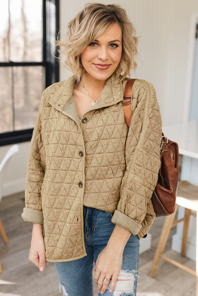 Khaki Quilted Button Front Funnel Neck Jacket-Outerwear-MomFashion