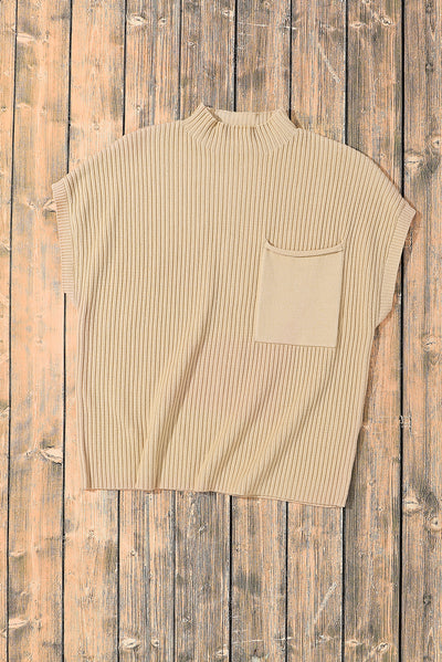 Oatmeal Patch Pocket Ribbed Knit Short Sleeve Sweater-Tops-MomFashion