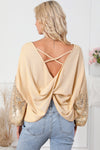 Apricot Sequin Patchwork Sleeve Open Back Waffle Knit Top-Tops-MomFashion