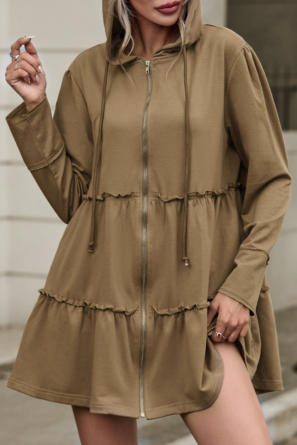 Khaki Tiered Ruffled Zip-Up Drawstring Hooded Jacket-Outerwear-MomFashion