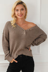 Khaki Pointelle Knit Button V Neck Drop Shoulder Sweater-Tops-MomFashion