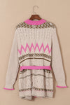 Gray Geometric Cable Knit Pocketed Open Front Cardigan-Tops-MomFashion