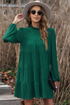 Green Puff Sleeve Mock Neck Back Knot Tiered Dress-Dresses-MomFashion