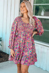 Purple Smocked V Neck Puffy Sleeve Floral Dress-Dresses-MomFashion