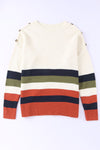 White Buttoned Shoulder Drop Shoulder Striped Sweater-Tops-MomFashion