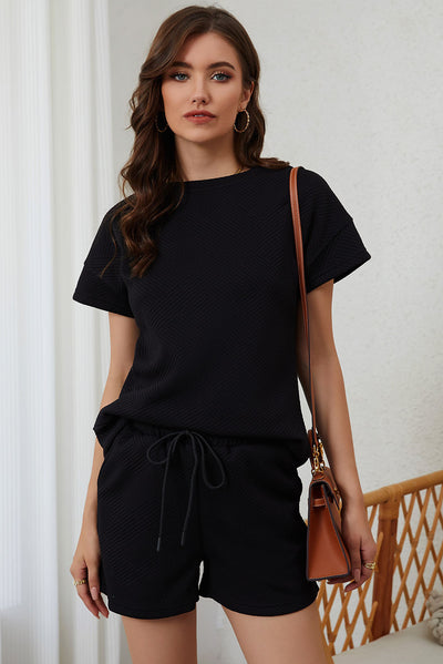 Black 2pcs Solid Textured Drawstring Shorts Set-Loungewear-MomFashion