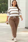 Light French Beige Striped Drop Shoulder Pullover and Jogger Pants Set