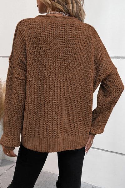 Coffee Pointelle Knit Button V Neck Drop Shoulder Sweater-Tops-MomFashion