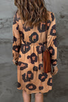 Leopard Print Button Front Bubble Sleeve Loose Knit Dress-Dresses-MomFashion